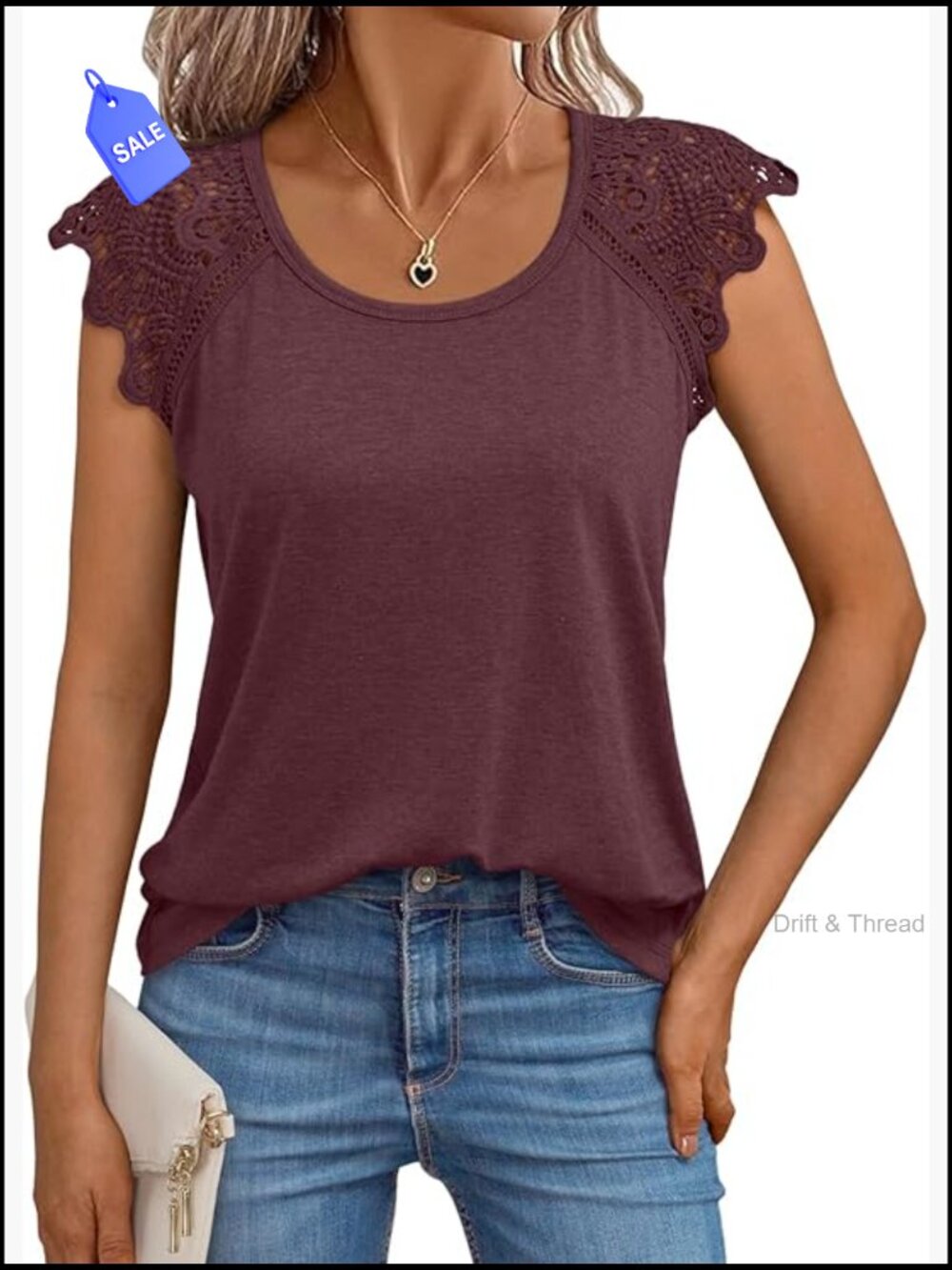 Lace Cap Sleeve Tee, Lightweight Polyester Blend, Loose Fit Summer Top